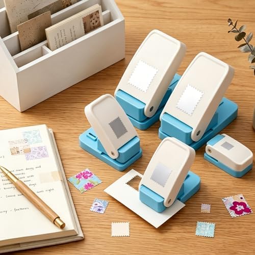 5Size Stamp Punch, 1.5x1.25inch/1.5x1.5inch Large Postage Stamps Punch, 1"x0.8"/1"x1" Medium Stamp Cutter, 0.6"x0.5" Mini Stamps Shaped Paper Punch, Hole Punch for Crafting Journaling DIY Scrapbooking