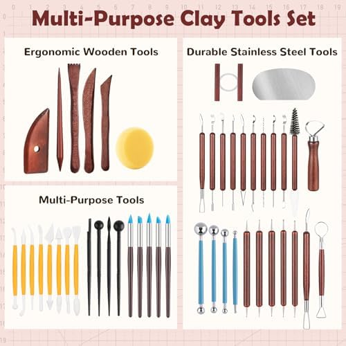 52PCS Pottery Tools Kit for Sculpting, Ceramic Tools, Clay Carving Tools for Polymer Clay, Modeling, Trimming, Molding, Shaping, Pottery Kiln, Arts Crafts Supplies, Adults, Students, Beginners, Pros
