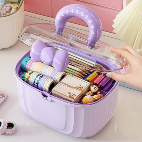 Noamus 10" Multipurpose Storage Box with Removable Tray, 2 Layer Cute Hair Accessories Organizer, Clear Plastic Folding Craft Case for Headbands, Sewing, Clips Ties Supplies, Purple