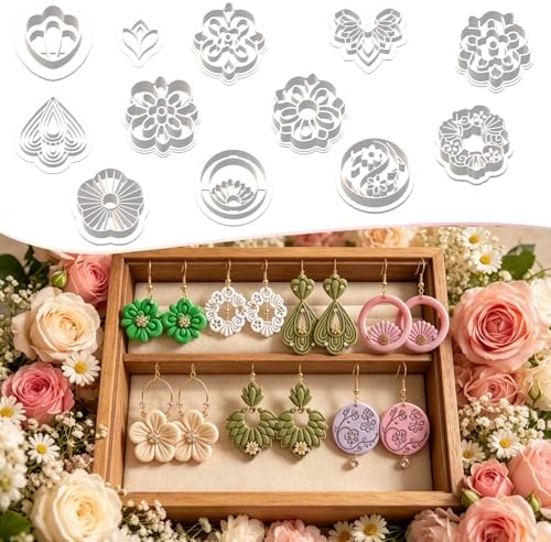 12 Pcs Everyday Essential Polymer Clay Cutters Set - Classic Floral, Geometric & Teardrop Imprint Cutters for Polymer Clay Jewelry Making, Fit Gift for Friends, Sisters & Wives