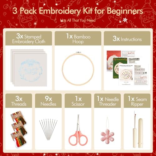wtisan Christmas Embroidery Kit, Cross Stitch Kits for Beginners, Needlepoint with All Tools & Instructions, Stamped Hand Embroidery Starter Kit for Holiday Crafts & Xmas Home Decor, W12