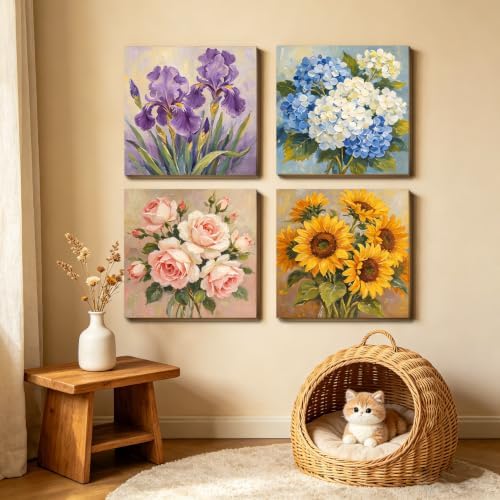 Canrichshop 4 Pack Retro Paint by Numbers for Beginner with Frame,Flowers Adult Paint by Number Kits on Canvas, DIY Number Painting for Adults for Decor 8X 8 inch