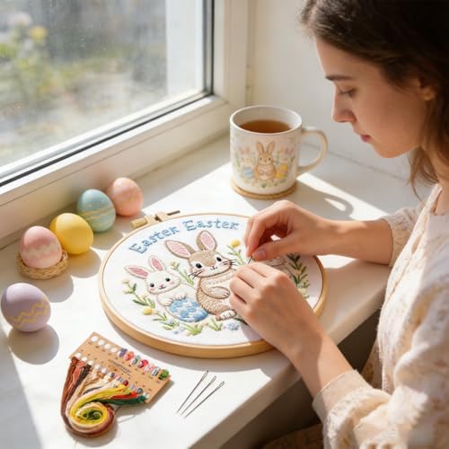 BoAn Rabbit Needlepoint Kit, Embroidery Starter Kit with Hoop & Threads