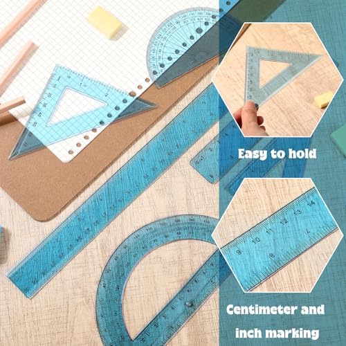 Tenare 6 Pcs Math Geometry Ruler Set, Protractor Triangle School,Blue
