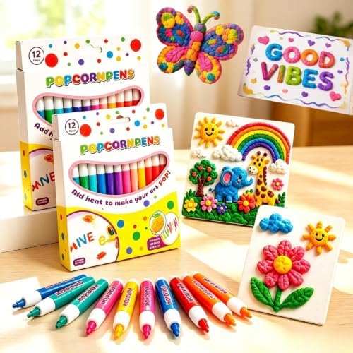 New 2027 Popcorn Pens, 6/12 Colors 3D Bubble Drawing Pen, Heat Activated Puff Paint Raised Texture Craft Tool for DIY Artwork, Greeting Cards, Scrapbooking & Kids' Projects., 12Pcs-2 Box