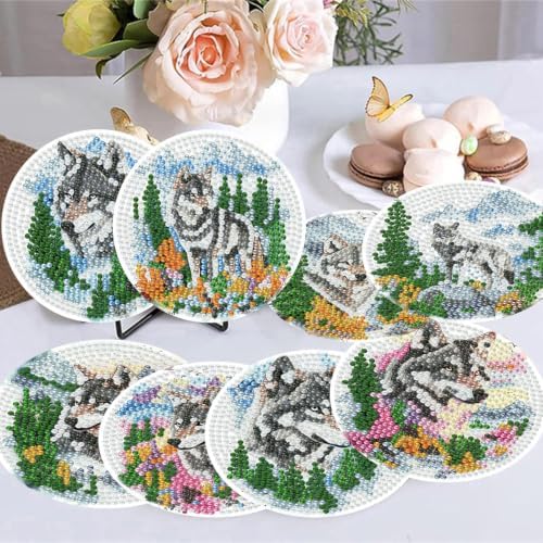 8 Pack Diamond Art Coasters,Wolf Forest animals Diamond Painting Coasters