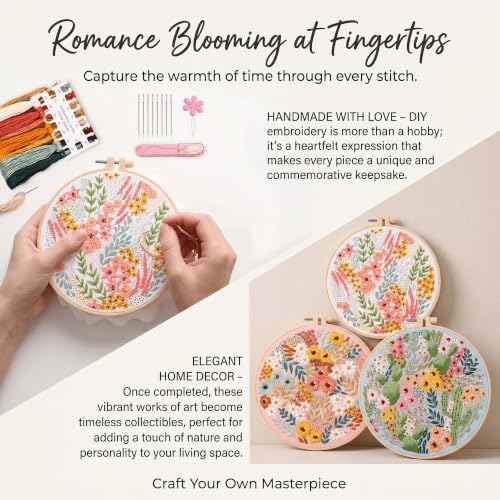 Harimau Beginner Adult Embroidery Kit, All-in-One Starter Pack with 3 Patterns, 3 Hoops, Scissors, Needles, Instruction Manual & Stitching Video Guides