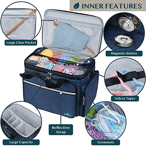 PAVILIA Knitting Bag Yarn Storage Tote, Large Crochet Organizer Bag, Yarn Storage Holder for Crocheting Knitter, Knitting Project Bag, Crochet Accessories Set, Gifts For Crochet Lovers, Heather Navy
