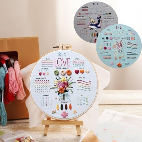 Nalexmi Embroidery Kit for Beginners, DIY Cross Stitching Kit with Stamped Flower Patterns, 4 Pack, Includes Hoop-1, Tools, Threads, Needles, Instructions