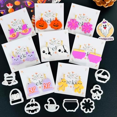 Xaekicr Halloween Polymer Clay Cutters Set – 8Pcs Clay Cutters for Earrings, Pumpkin Skull Witch Hat Molds for DIY Clay Jewelry Making