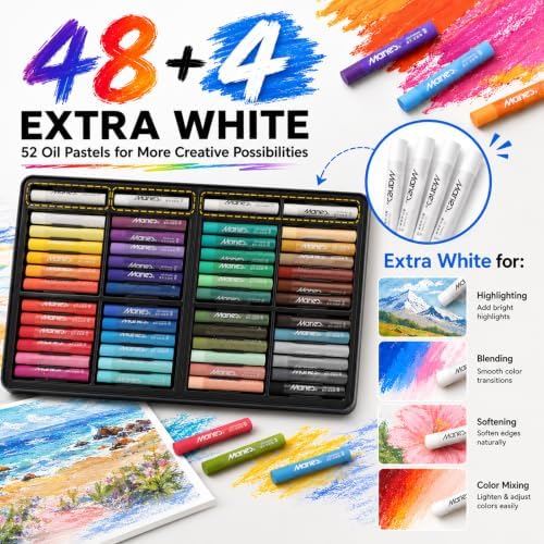 Oil Pastels for Artists, 10 x 70 mm, Metal Tin, 48 Colors + 4 White, 52 Pcs
