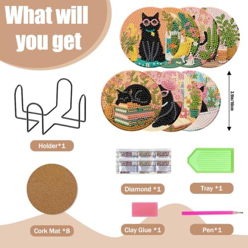 CRZMODE 8 Pcs Black Cat Diamond Art Coasters Kits, Diamond Painting Coasters with Holder Set of 8, DIY Cat Art Crafts Supplies for Adults Cup Mat House Warming Gifts Non-Slip