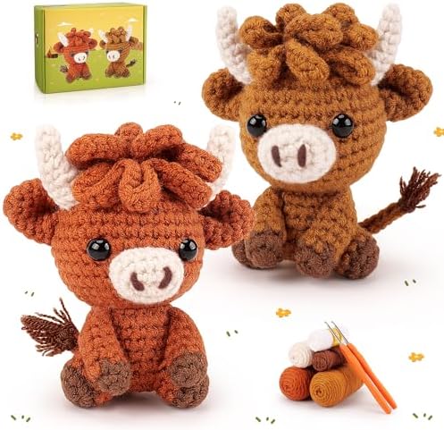 2PCS Highland Cow Crochet Kit for Beginners Crochet Starter Kit for Adults