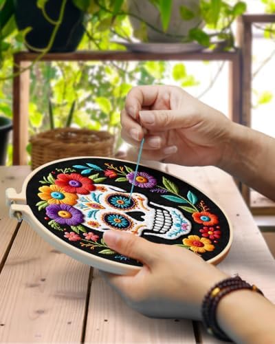TINDTOP Embroidery Kit for Adult Beginners, Embroidery DIY Starter Kit, with Stamped Patterns, Hoop, Tools, Colorful Threads with Needles, Instructions (Skeleton B)