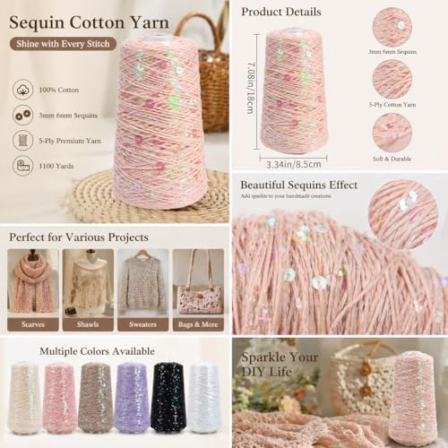 1100Yards Sequin Cotton Yarn for Crocheting Knitting, Sparkle Crochet Thread – 100% Cotton 5-Ply with 3mm 6mm Sequins,Paillettes Yarn for Scarves, Shawls, Sweater DIY Crafting