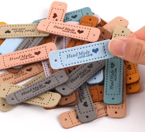 50 PCS Handmade Tags for Crochet Handmade Leather Labels Faux Handmades with Love Leather Tags for Handmades Items Embellishment Knit Accessories with Hole for DIY Crafts Sewing Crochet Knitting Hats