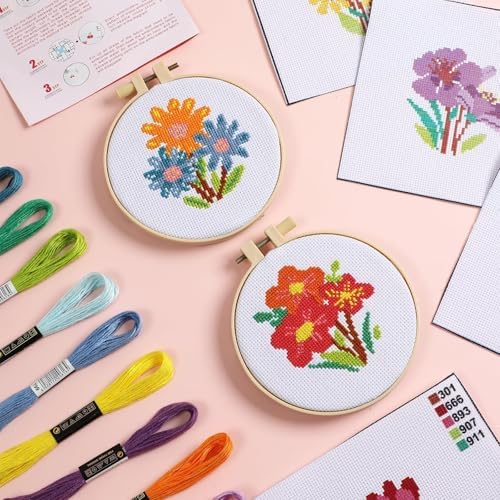 ZOIIWA 6 Pcs Flower Cross Stitch Kit for Beginner Flower DIY Embroidery Kit