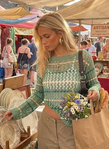 EVALESS Crochet Tops for Women Long Sleeve Hollow Out Knit Sweaters