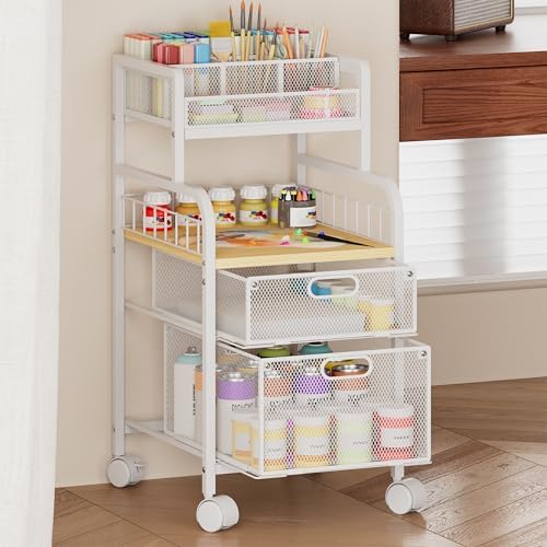 SWTYMIKI Rolling Cart with Drawers - Metal Craft Cart with Wheels, DIY Divider and Wood Shelf, Art Supply Organizer for Under Desk Storage, Utility Storage Cart for Home Office Studio, White