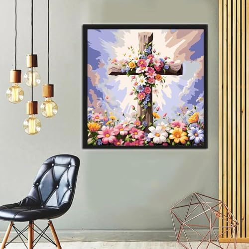 EIBEILI Christian Cross Paint by Numbers Kit for Adults Beginner,Flower Adult Paint by Number Kits on Canvas,Easy Canvas Paint by Numbers for Adults for Home Wall Decoration 14 X 14 inch