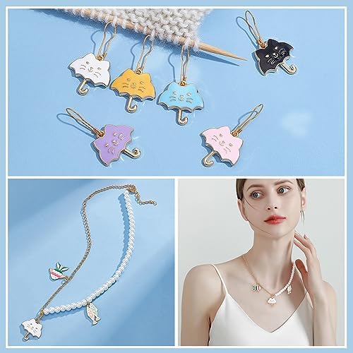 NBEADS 24 Pcs Cat Umbrella Stitch Markers, Enamel Alloy Crochet Stitch Marker Charms Removable Iron Kilt Pin Locking Stitch Marker for Knitting Weaving Sewing Jewelry Making