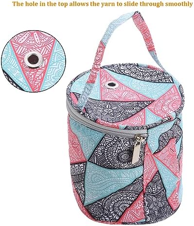 mini yarn storage small size yarn bag for crocheting with holes,empty round knitting tote bags protable yarn holder,perfect for travel,beginner & crocheter(Blue Geometry)