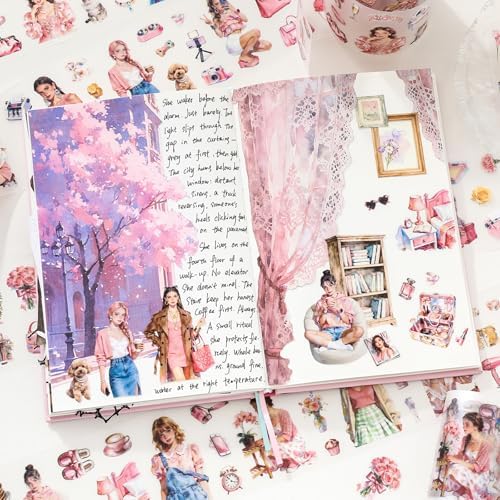 4 Rolls PET Tapes Pre-Cut Stickers for Scrapbooking Pink Life People Stickers Tape journaling