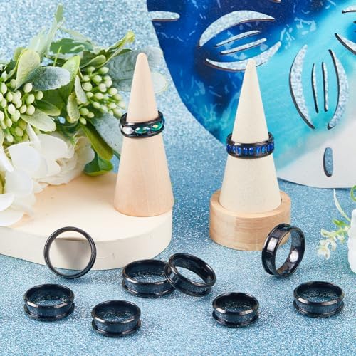 SUNNYCLUE 1 Box 24Pcs Stainless Steel Black Finger Ring Blank Core Inlay Round Grooved Rings Blank US Size 7/8/9/10/11/12 Empty Finger Findings for Jewelry Making Kits Men Women DIY Craft Supplies