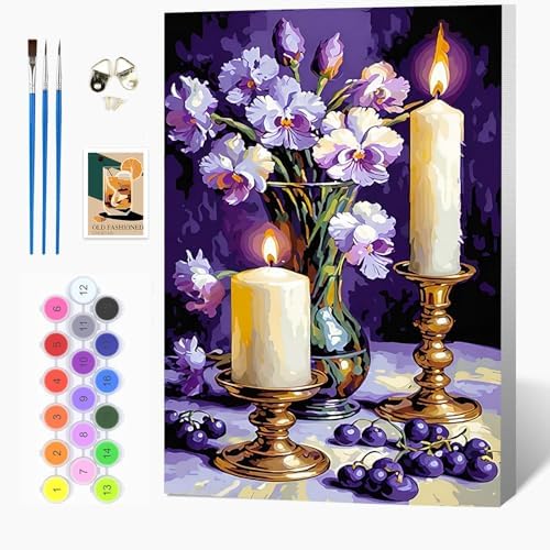 Auremi Purple Flower Framed Paint by Number for Adults,DIY Candle Painting by Number Kits on Canvas Acrylic Oil Painting Kits for Adults Paint by Number Kits for Home Decor 20x30cm