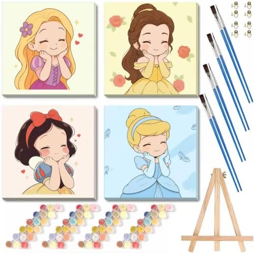 Fuinkqe 4 Packs Cartoon Paint by Numbers Kits for Kids Framed,Paint by Numbers for Girls Ages 8-12 with Framed Canvas and Wooden Easel,Paint by Numbers for Kids with Nice Boxs for Gifts 8X8 Inch