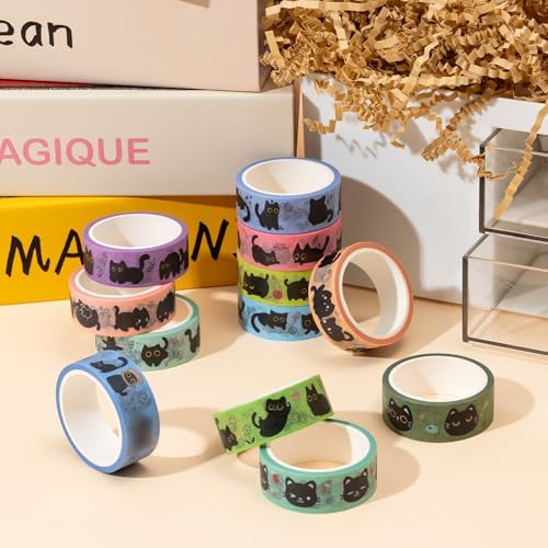 Black Cat Washi Tape - 24 Pcs Cute Trendy Black Cat Design Cute Eco-Friendly Masking Tape Decorative DIY Crafts Artist Tape Set School Office Journal Kids Art Supplies Gift Wrapping