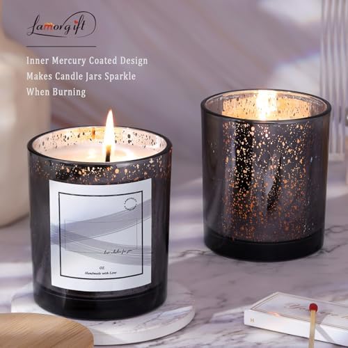 LAMORGIFT 10oz Dark Gray Glass Candle Jars With Lids (12 Pack) - Making Containers Include 15 Pcs Labels - Mercury Glass Jars