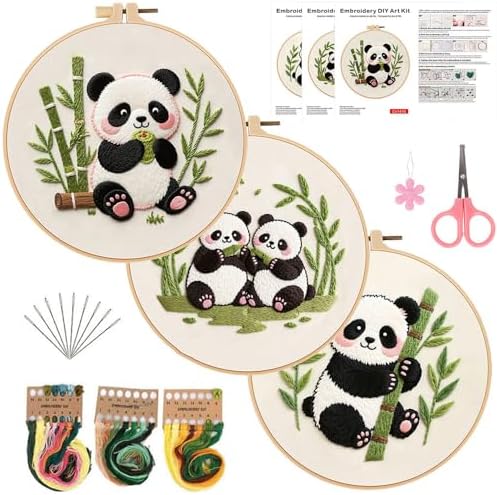 Konrisa Panda Embroidery Starter Kit for Beginners, Cross Stitch Kit with 3pcs Embroidery Pattern, DIY Sewing Project Adult Needlepoint Kit with Hoop, Set of 3