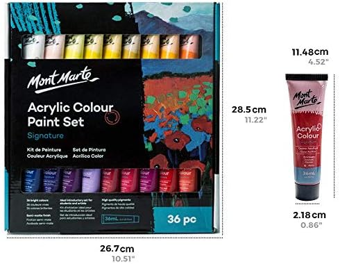 Mont Marte Acrylic Colour Paint Set Signature 36pc x 1.21 US fl.oz (36ml), Acrylic Paint Kit Ideal for Canvas, Wood, Air Dried Clay, Cardboard and More, Great Beginner Acrylic Paint Set, Includes 36 Colors