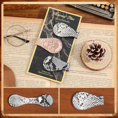 3PCS Vintage Magnetic Leather Bookmark, Leather Magnetic Bookmarks for Women, Magnetic PU Bookmarks Clip Book Accessories, Snakeskin Pattern