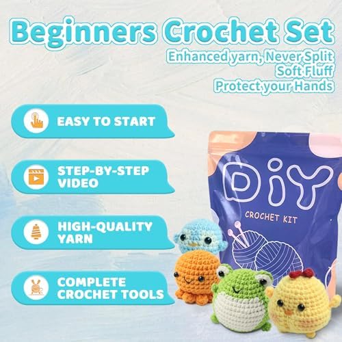 YAMAXIN Crochet Kit for Beginners Adults – 4PCS Animal Amigurumi Crochet Starter Kit with Yarn, Hooks, Tools, and Video Tutorials – DIY Knitting Craft Kit (Chick, Frog, Penguin, Octopus)