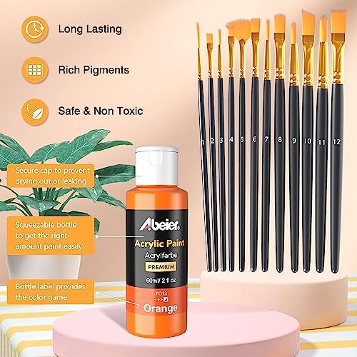 ABEIER Acrylic Paint Set, 24 Colors 2oz, 12 Brushes, Non-Toxic, Waterproof
