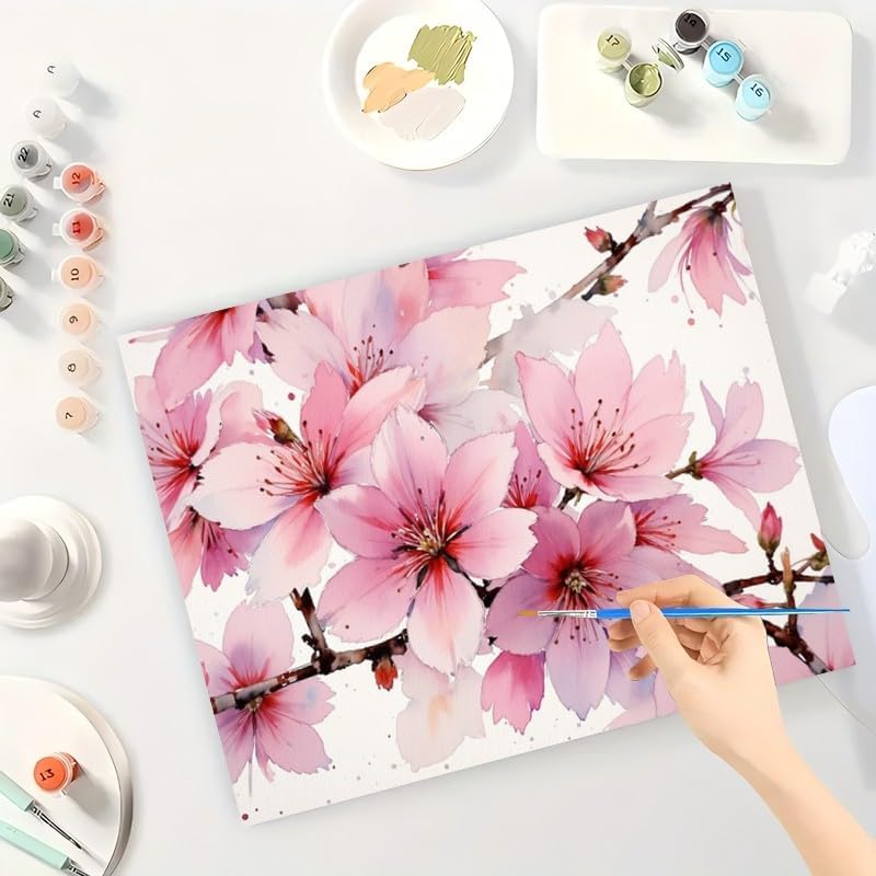 TAOPAOLAB Beauty Blooming Paint by Numbers Kit for Adults - DIY Pink Cherry Blossom Branch Painting on Canvas 16x20 Inches, Acrylic Paint Set,Suitable for Beginners,Art for Decoration