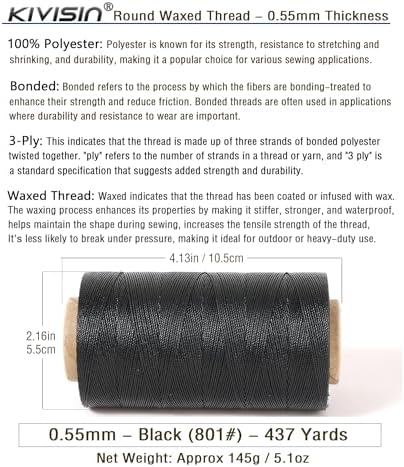 Sturdy Bonded Waxed Polyester Thread, 0.55mm, 437 Yards Wax String Cord - Black for Leather, Hand Sewing, Stitching, Beading, Bookbinding, Bracelets and Macrame Jewelry Making