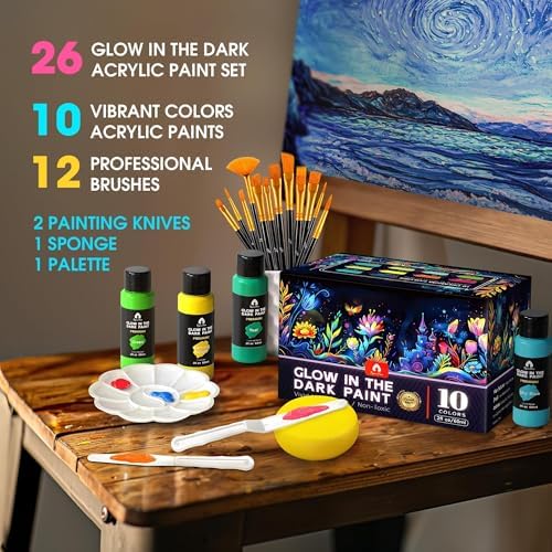 26 Pcs Glow in the Dark Acrylic Paint Set, 10 Colors (2oz/60ml)