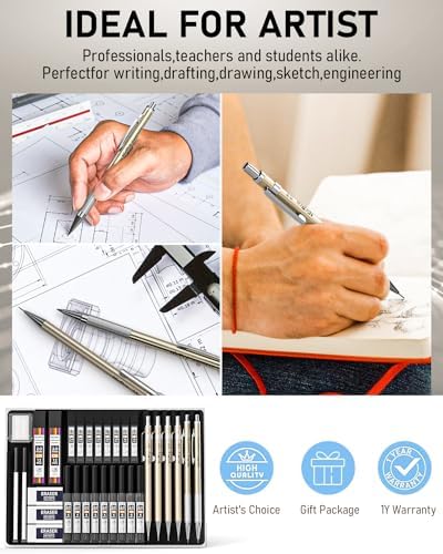 Nicpro 34PCS Art Mechanical Pencil Set, Metal Drafting Pencil 0.3 mm & 0.5 mm & 0.7 mm & 0.9 mm & 2PCS 2mm Lead Holder (6B 4B 2B HB 2H 4H Colors) For Sketching Drawing With 19 Tube Lead Refills Case