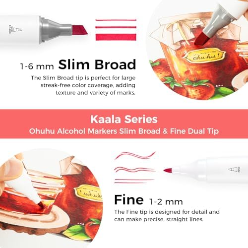Ohuhu Alcohol Markers Fine& Slim Broad 24 Colors for Adult Beginners Artist