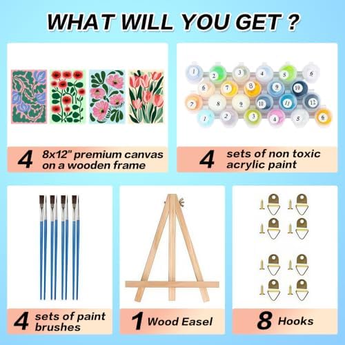 4 Pack Framed Flowers Paint by Numbers Kits for Adults with Easel (8x12in)