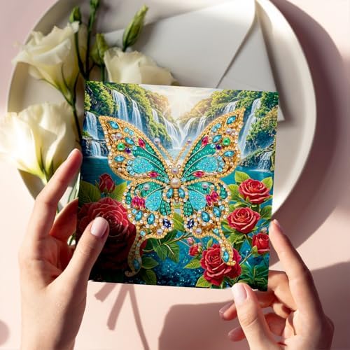 Diamond Art Cards with Envelopes–6PCS DIY Diamond Painting Greeting Cards Kit | Card Making Kit with Bling for Adults & Beginners | Birthday,Holiday & Thank You Cards (Flower and Butterfly)