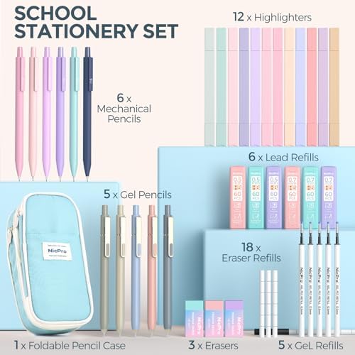Nicpro School Supplies with Cute Pencil Case, 39 PCS Blue