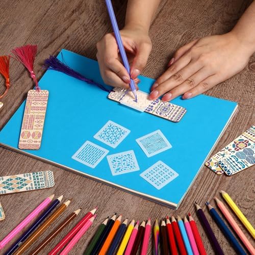 TaoBary 92 Pcs 4.8 x 1.3 Inch Geometry Wood Bookmark Making Kit Includes 36 Unfinished Blank Bookmarks 36 Tassels 20 Templates, Back to School DIY Painting Craft for Home Class Holiday Teachers Gift