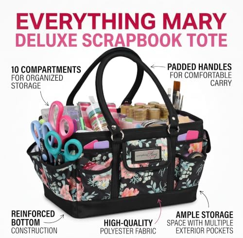 Everything Mary Deluxe Store & Tote Organizer – Black & Floral Craft Bag with Handle – Sewing, Scrapbooking & Art Supply Caddy – Stylish Storage for DIY Projects