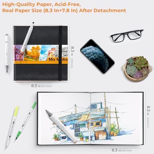 Ohuhu 8.3"x8.3" Mix Media Pad Art Sketchbook 78 Sheets for Painting Drawing | Square Sketch Book - 120 LB/200 GSM Heavyweight Paper -Hardcover Mixed Media Sketch Pad for Watercolor Acrylic Christmas Gift