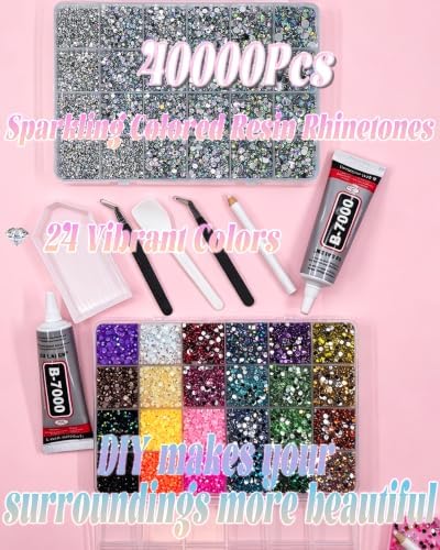 40,000 Pcs Rhinestone Bedazzling Kit, 24 Colors Nail Art Rhinestones with 24,000pcs 3mm & 16,000pcs Multi-Size AB Flatback Nail Gems, B7000 Glue, Diamond Painting Accessories for DIY Crafts