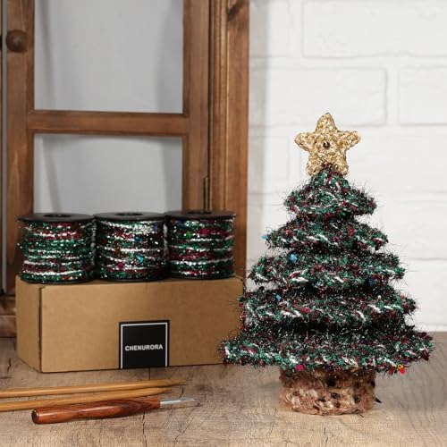 Artisanal Yarn Collection Multifiber Fancy Yarn with Colorful Sequins for Knitting Crocheting Crafts DIY, Set of 3 Rolls (Christmas Green)